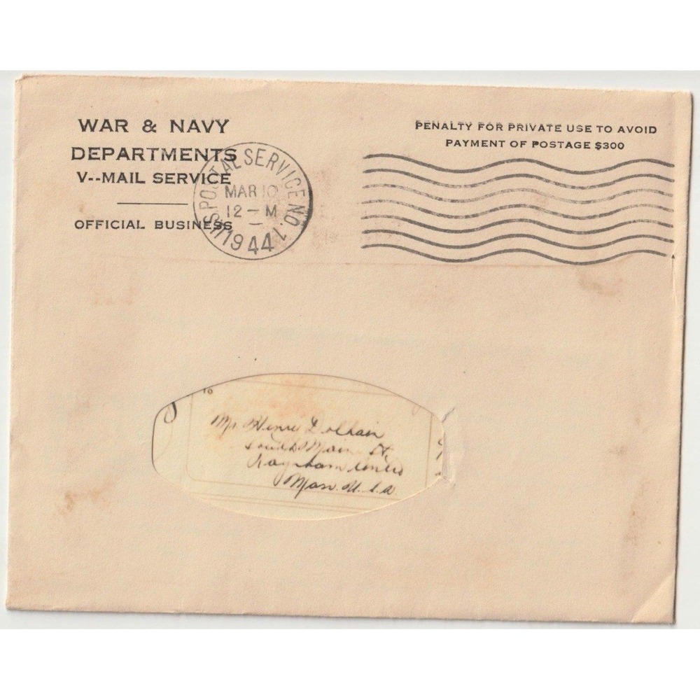 WWII V-Mail Letter and Envelope February 1944 War & Navy Departments Service